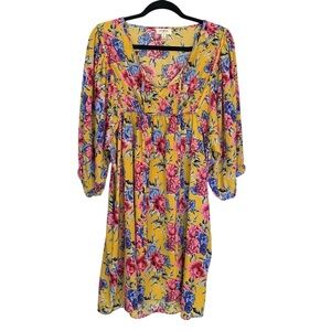 Umgee Yellow Floral Tie Dress Cottagecore Womens Size Large Balloon Sleeves
